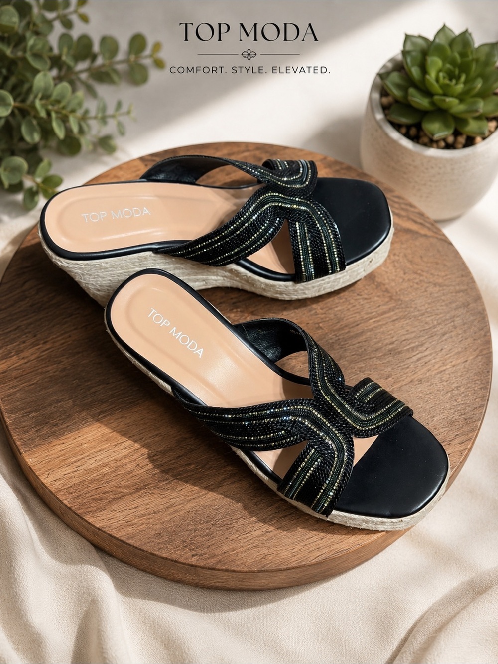 TOP Moda Black Wedge Slide Sandals with Decorative Straps